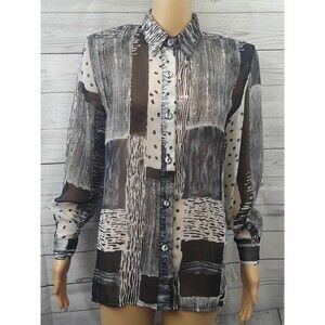 Seasuns Blouse Top Sheer Black White Sz S Long Sleeve Button Front Color block